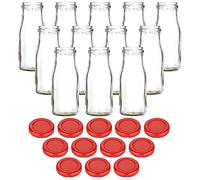 gouveo Set de 12 Bouteilles en Verre 150 ML Smoothie avec Couvercle à Visser Rouge - Petite Bouteille de jus 0,15 l avec Bouchon TO43 - Bouteille Vide à remplir de jus et de Smoothies