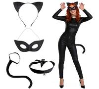 GOUYENG Déguisement Chat Femme,4 pièces Accessoires de Costume de Chat,Déguisement Chats Noir Femme,Oreille de Chats Serre Tete Collier Masque Queue,pour Carnaval Halloween Cosplay Fête