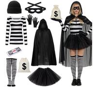 GOUYENG Femme Prisonnier Costume,9 Pièces Costume de Voleur de Banque,Robber Costumes Ensemble de Cambrioleur,Deguisement Braqueur Femme,pour Le Carnaval,Mardi Gras,SoiréE à Thème,Halloween