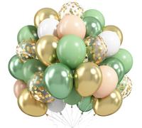 Govpy Ballons Vert Or, 12 Pouces Paquet de 60 Ballons à Hélium en Latex Beige Métallisé Blancs Olive Confettis Or pour Anniversaire Jungle Safari