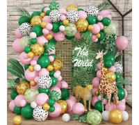 Govpy Guirlande de ballons décoratifs jungle, vert foncé, rose, blanc, vache, or, léopard, feuilles de palmier, animaux, safari, décoration d'anniversaire fille, anniversaire, fête prénatale Go-01