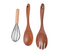 GOWENIC Couverts à Salade en Bois Multi-usages Faits à la Main avec Fouet - Ensemble Cuillère et Fourchette à Salade en Bois de qualité Supérieure pour Mélanger, Mélanger, Battre et Servir dans la
