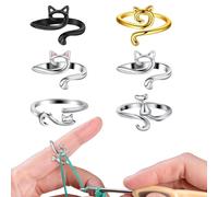 GOWTX 6 Pièces Anneau de Bague Crochet Tricot Réglable, Anneaux de Crochet à Motif de Chat, Bague de Tension en Crochet en Métal pour Mère Grand-Mère Cadeaux