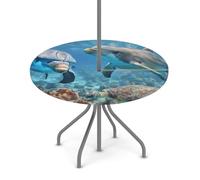 Goxnero Nappe ronde imperméable avec trou de parapluie et fermeture éclair, motif animaux marins, tortue, dauphin, pour fête, pique-nique, terrasse (convient pour table de 91,4 à 111,8 cm)