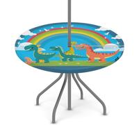 Goxnero Nappe ronde imperméable avec trou de parapluie et fermeture éclair, motif dinosaures arc-en-ciel pour fête, pique-nique, terrasse (convient pour table de 114 à 142 cm)
