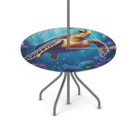 Goxnero Nappe ronde imperméable avec trou de parapluie et fermeture éclair, motif tortue du monde sous-marin, corail pour fête, pique-nique, terrasse (convient pour table de 91,4 à 111,8 cm)