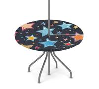 Goxnero Nappe ronde imperméable avec trou pour parasol et fermeture éclair - Motif étoiles colorées - Imperméable - Pour fête, pique-nique, terrasse (convient pour table de 91,4 à 111,8 cm)