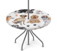 Goxnero Nappe ronde imprimée de chiens à l'aquarelle avec trou de parapluie et fermeture éclair, nappe ronde imperméable pour fête, pique-nique, terrasse (convient pour table de 114 à 142 cm)