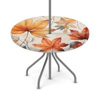 Goxnero Nappe ronde vintage à motif feuilles d'érable d'automne avec trou de parapluie et fermeture éclair, nappe ronde imperméable pour fête, pique-nique, terrasse (convient pour table de 114 à 142