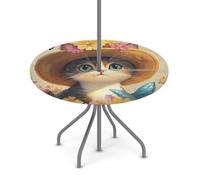 Goxnero Nappe ronde vintage pour chat, chaton, papillon avec trou de parapluie et fermeture éclair, nappe ronde imperméable pour fête, pique-nique, terrasse (convient pour table de 91,4 à 111,8 cm)