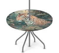 Goxnero Tiger Forest Nappe ronde avec trou de parasol et fermeture éclair, nappe ronde imperméable pour fête, pique-nique, terrasse (convient pour table de 114 à 142 cm)