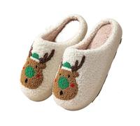 GOXQIT Christmas Warm Cotton Slippers Women Winter Comfortable Home Slides Cute Furry Reindeer Plush Sandals for Men pour Maison(Green Deer,42-43)