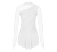 GOXQIT Robe De Patinage Artistique Justaucorps de Danse Artistique féminine, Style Ballet lyrique, Tutu, Manches Longues, en résille Brillante avec Strass(White,XL)
