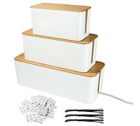 GOYADA 3 Pcs Boîte de Rangement de Câbles, 3 Tailles Boîte Cache Câble, Boîte de Rangement Blanche, Cache Multiprise Electrique avec Bois Couvercle pour Ranger Câbles et 3 Attache de Cables