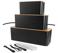 GOYADA 3 Pcs Boîte de Rangement de Câbles, 3 Tailles Boîte Cache Câble Noir, Cache Multiprise Electrique avec Bois Couvercle pour Ranger Câbles et 3 Attache de Cables