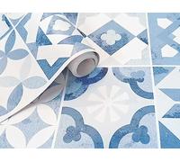 GOYAPRINT Papier Décoratif Carrelage Vinyle Adhésif Cuisine Style Hydraulique Marocain 40x250 cm Mosaïque Autocollante pour Mur Meubles (Carrelage Bleu)