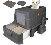 GOYJOY Litière pour chat fermée en acier inoxydable, grande boîte à litière pliable avec couvercle, couvercle à capuche, nettoyage facile, pas de fuite d'urine, bac à litière plus profond, avec tapis