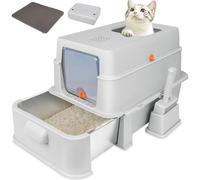 GOYJOY Litière pour chat fermée en acier inoxydable, grande boîte à litière pliable avec couvercle, couvercle à capuche, nettoyage facile, pas de fuite d'urine, bac à litière plus profond, avec tapis