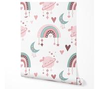 GP TONER Papier peint intissé arc-en-ciel lune planètes étoiles cœurs motif rose vert tons chambre enfant bébé espace fantaisie déco murale moderne 5m x 0,5m