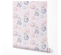 GP TONER Papier peint intissé hippopotame mignon ballons cœurs motif rose bleu tons chambre enfant bébé animaux ludiques déco murale moderne 5m x 0,5m