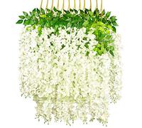 GPARK 12 Pack /45 inch /3.7ft Wisteria Hanging Artificial Flowers Fake Bushy Silk Vine Garland String for Wedding Party Garden Greenery Home Wall Deco Milk White