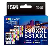 GPC Image CLI-581 PGI-580 XXL Cartouches d'encre Remplacement Compatible pour Canon 581 580 XXL pour TS8150 TS6150 TS8250 TS6151 TR8550 TR7550 TS8151 TS9150 (PGBK/Noir/Cyan/Magenta/Jaune,15-Pack)