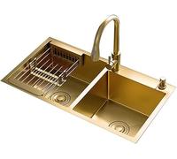 GPECTIFO Évier de Cuisine à Deux bacs en Acier Inoxydable plaqué Or avec Robinet extractible