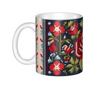 Gpkgsigt Tasse en céramique avec impression rose style broderie ukrainienne pour cappuccino, latte, céréales, yaourt, lait, boissons chaudes ou froides, four à micro-ondes