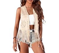 GPLOPEEY Gilet de cowgirl à franges pour femme - En daim synthétique - Sans manches - Cardigan de cowboy - Streetwear, 04 Ivoire, S