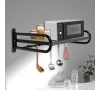 Gqouur Étagère à micro-ondes pour cuisine, montage mural, en acier au carbone, support pour micro-ondes, jusqu'à 30 kg, avec 6 crochets, 53 × 38 × 18 cm