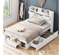 GQTYBZ Lit Simple 90x190cm avec 3 Tiroirs et 2 Compartiments de Rangement Ouverts, Lit Coffre avec Sommier à Lattes, Lit Multifonctionnel avec Tête, Matelas Non Inclus, Blanc