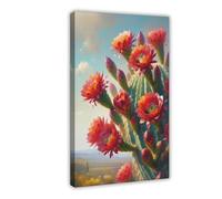 GQVCJSW Impression sur toile de cactus mexicain, fleurs de cactus rouges en fleurs, décoration murale pour salon, chambre à coucher, 60 x 90 cm