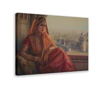 GQVCJSW Portrait de la Reine du Rajasthani avec vue sur le fort - Art indien sur toile - Décoration murale pour salon, chambre à coucher - 50 x 75 cm
