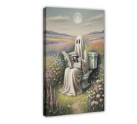 GQVCJSW Poster sur toile représentant un fantôme lisant un journal avec des fleurs - Décoration pour chambre à coucher, bureau, chambre - 40 x 60 cm