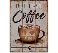 GQWJKSZ But First Coffee Poster mural rétro naturel - Décoration murale pour cuisine, restaurant, café, coin café - Plaque en métal - Décoration murale en aluminium - 20,3 x 30,5 cm