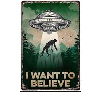 GQWJKSZ Je veux croire, signe en étain Vintage Ufo Alien, décoration murale pour la maison, affiche d'amoureux d'ovni Alien, cadeau d'amoureux de science-fiction 12x8 pouces
