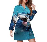 GQWJKSZ Les requins arrivent à travers le mur Robes courtes pour femmes Peignoir à manches longues avec ceinture Chemise de nuit Col en V Vêtements de nuit