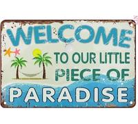 GQWJKSZ Panneau en étain en métal, bienvenue dans notre petit morceau de paradis, panneaux Vintage rétro en aluminium, pour Bar, maison, décoration murale en métal, 8x12 pouces