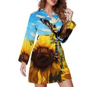 GQWJKSZ Papillon joue dans les tournesols Robes courtes pour femmes Peignoir à manches longues avec ceinture Chemise de nuit Col en V Vêtements de nuit
