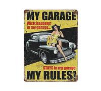GQWJKSZ Plaque métallique en étain pour fille, mon Garage, mes règles, Pin Up, peinture artistique suspendue en fer, rétro, maison, cuisine, jardin, Garage, décoration murale, 16x12 pouces