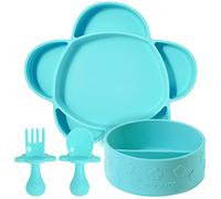 Grabease Ensemble pour l'alimentation des bébés - Bol en silicone, assiette en forme de nuage et ustensiles - Sarcelle, ensemble de 4 pièces