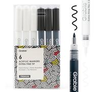 Grabie Black & White Extra Fine Tip Acrylic Paint Marker Set, lot de 6 stylos à peinture acrylique de 0,7 mm pour les reflets et les détails fins sur les dessins, marqueurs blancs pour les reflets