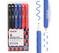 Grabie Stylos Gel Effaçables, Lot de 6 (2 Noirs, 2 Bleus, 2 Rouges), Stylos Rétractables (0,7mm), Écriture Fluide pour Bureau & Études, Kit Créatif & Pratique pour une Organisation sans Fautes