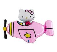 Grabo ballon Hello Kitty avec avion rose. Ballon pour fêtes en forme de Hello Kitty, en feuille d'aluminium avec une paille pour le gonfler. Ballons colorés Hello Kitty avion. Made in Italy 76x52 cm