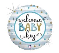 Grabo Balloons - BALLON ALU ROND RAYÉ BLEU WELCOME BABY BOY 46CM