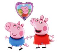 Grabo Set de trois ballons Peppa Pig avec Peppa, George et cœur coordonné. Ballons colorés en feuille, fabriqués en Italie pour toutes les fêtes d'anniversaire et occasions spéciales.