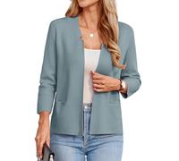 Grace Karin Blazer Court à Manches 3/4 pour Femme - Léger - Col cranté - Blazer en Tricot - Veste décontractée, Gris/Bleu, Large