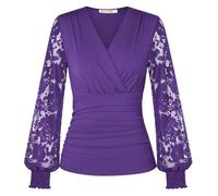 GRACE KARIN Femme Taille Portefeuille Haut Dentelle Manches Longues Sexy Col V Cocktail Club Blouse Violet M