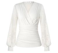 GRACE KARIN Femme Volants Devant Élégant Blouse Dentelle Rétro Mariage Portefeuille pour Robe Blanc S