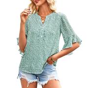 GRACE KARIN Femmes Léger Blouse Manches Courtes Rouches Top Fleurs Été Boho Tunique Large Vacances Top, vert, Large